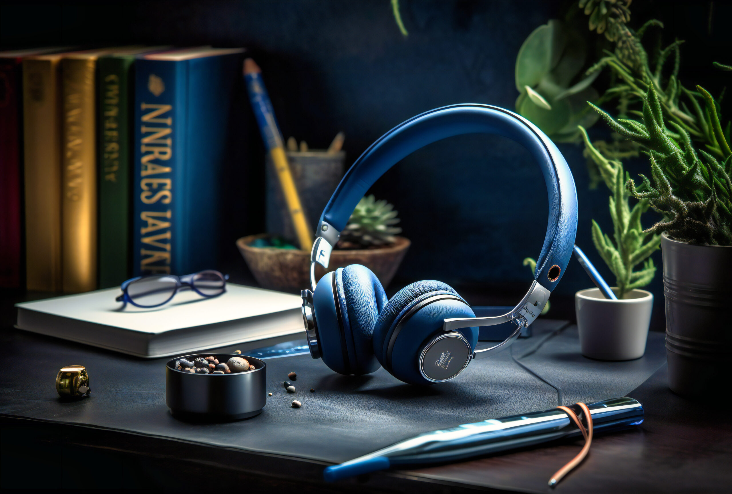 office desk with headphones